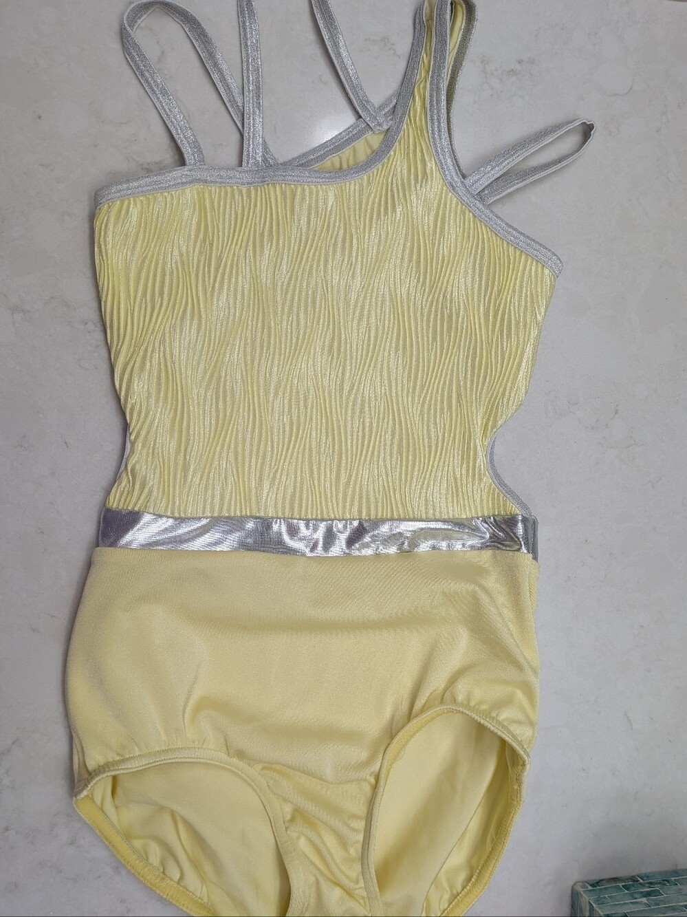 Yellow & Silver Crinkle Texture Strappy Cutout Dance Leotard - Size Medium Child